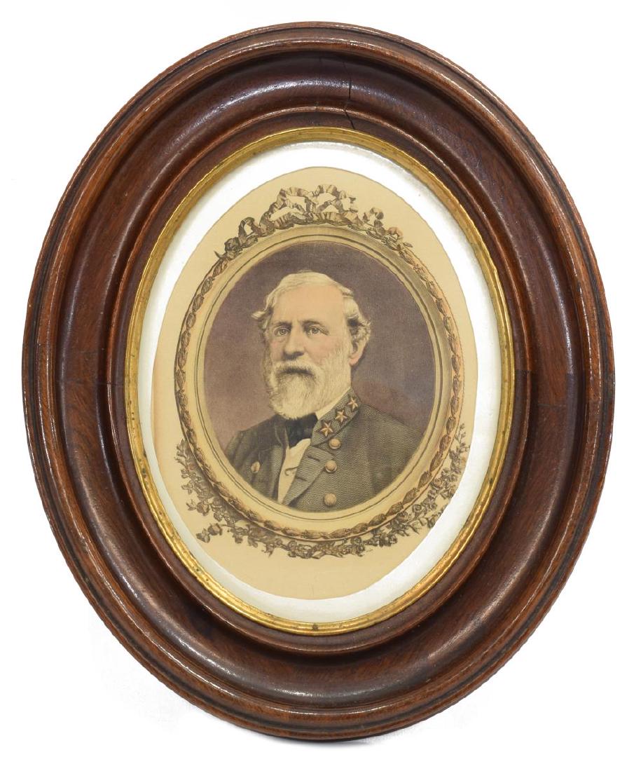 FRAMED COLOR PRINT ROBERT E. LEE IN UNIFORM: Framed colored print of Robert E. Lee in Confederate uniform, oval, housed in 19th c., oval gilt accented frame, image:6.5"h, 4.5"w, frame: 10.75"h, 9"w, .85lb Start Price: $60.00