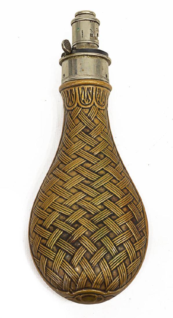 G. & J.W. HAWKSLEY, SHEFFIELD, POWDER FLASK: Powder flask by G. & J.W. Hawksley, Sheffield, England, the copper body in a cross weave pattern, stepped spout marked in drams, overall: 8.25"h, 3.25"w Start Price: $40.00