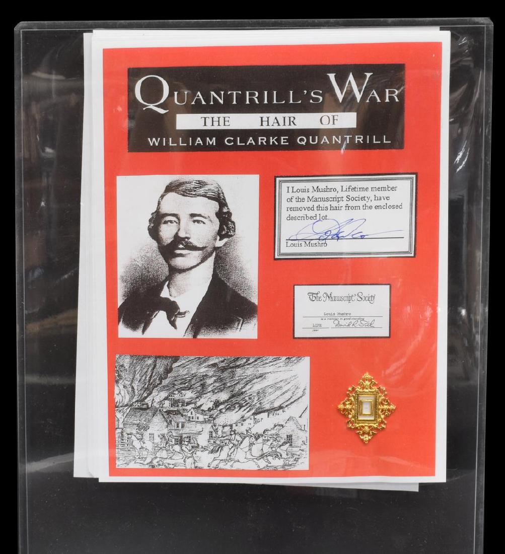 WILLIAM QUANTRILL, HAIR CLIPPING, COA CERTIFICATE: William Quantrill, Civil War Confederate, leader of Quantrill's Raiders which included Jesse and Frank James, hair clipping with certificate signed by Louis Mushro, historic hair collector and lifetim