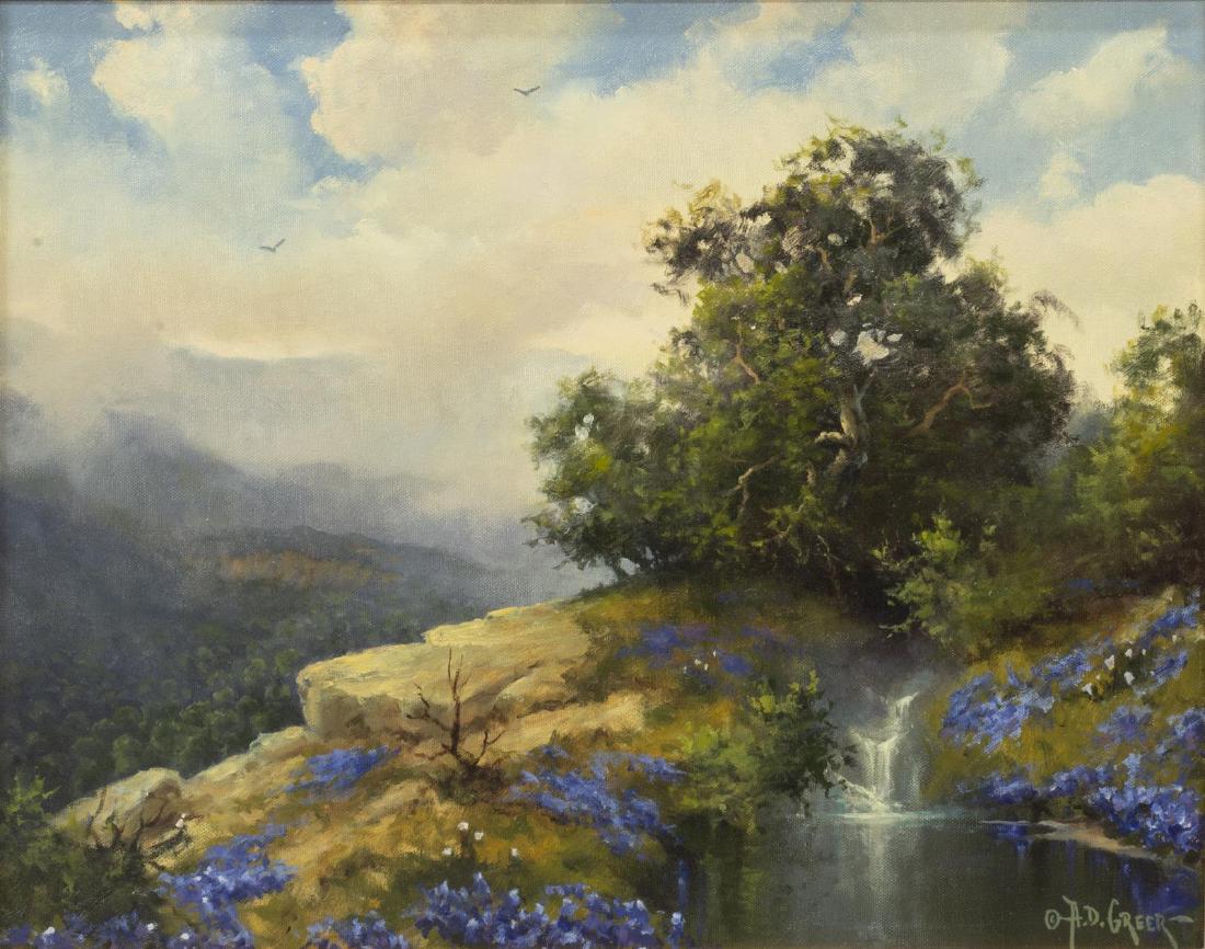 A.D. GREER (1904-1998) OVERLOOK WATERFALLS: Framed oil painting on canvas, Overlook Waterfalls, signed lower right A.D. Greer (Aubrey Dale Greer, Texas, Oklahoma, 1904-1998), sight: 15.5"h, 19.5"w, overall: 25"h, 28.75"w, 8.25lbs Start Price: $