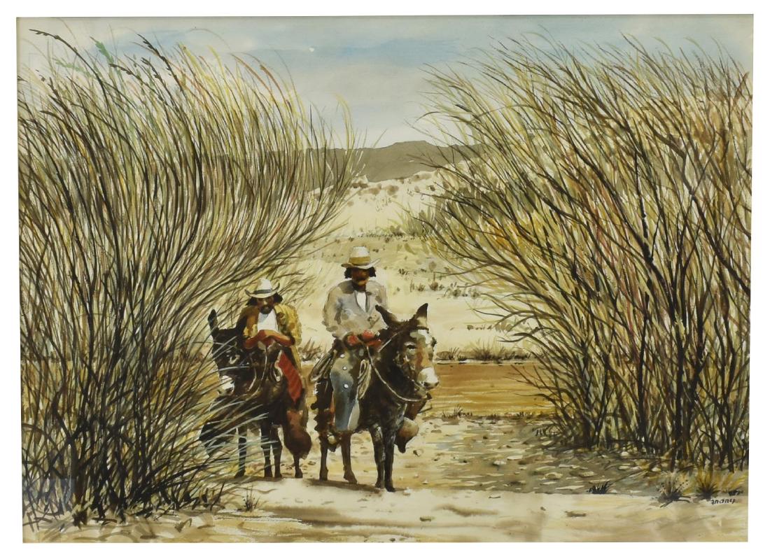 MICHAEL FRARY (1918-2005) COSSING THE BORDER: Framed watercolor on paper, Crossing the Border, signed lower right Frary (Texas, 1918-2005), sight: 21"h, 29.5"w, overall:32"h, 40"w, 15.5lbs Start Price: $300.00