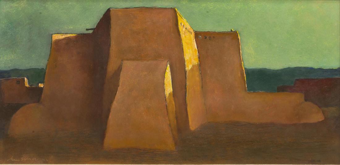 ERIC SLOANE (1905-1985), TAOS ADOBE MISSION: Framed oil painting on masonite, "Southwest Sentinal", signed lower left Eric Sloane (New York, 1905-1985), signed again and titled verso, sight: 11.25"h, 23.25"w, overall: 18.75"h, 30.75"w, 6.25lbs S