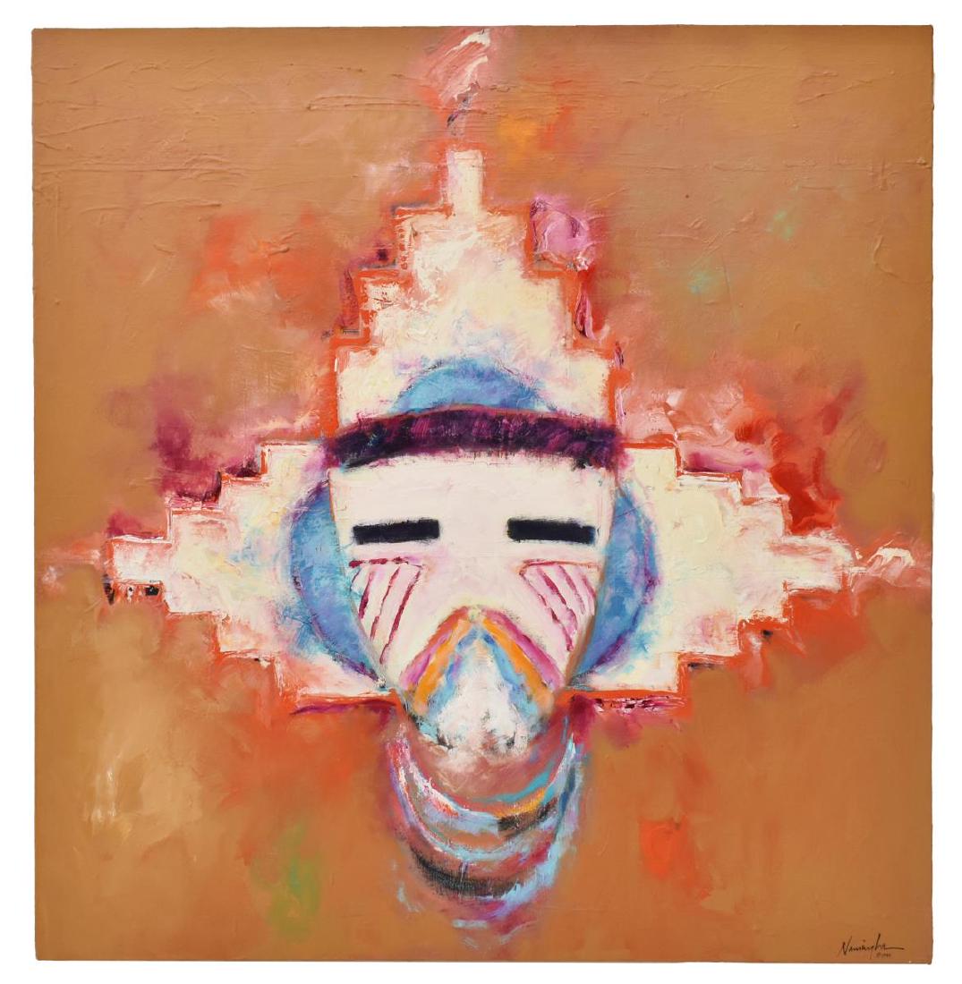 DAN NAMINGHA (B.1950), BUTTERFLY KACHINA 52" x 50": Unframed acrylic painting on canvas, "Butterfly Kachina", signed lower right Namingha (Dan Namingha, Hopi-Tewa, New Mexico, Arizona, b.1950), signed again, titled, dated 1984 verso, approx 52.25"h, 50