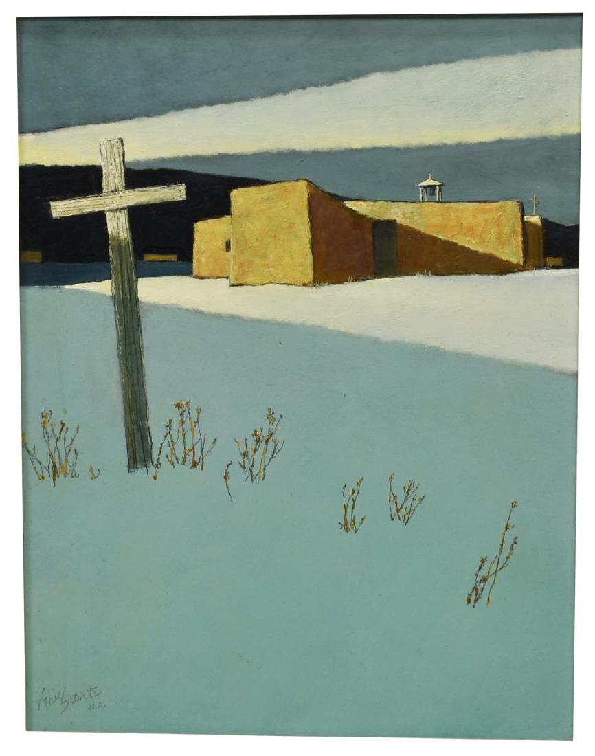 ERIC SLOANE (1905-1985), "TAOS CROSS": Framed oil painting on masonite, "Taos Cross", signed lower left Eric Sloane (New York, 1905-1985), titled verso with Santa Fe gallery tag, sight: 21"h, 16.25"w, overall: 29.75"h, 25"w, 9.5lbs Start P