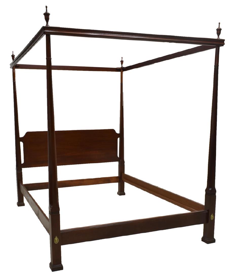 AMERICAN MAHOGANY FOUR-POSTER CANOPY BED: American mahogany four-poster canopy bed, 20th c., turned urn-form finials over canopy frame, octagonal corner posts, shaped headboard, rising on stepped squared legs, exterior: approx 82.5"h, 66"w, 8