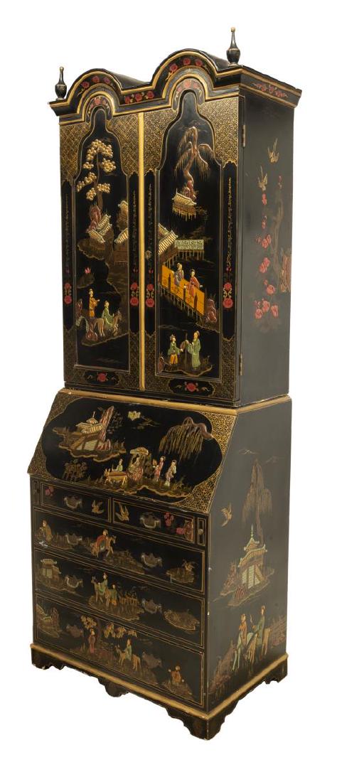 QUEEN ANNE STYLE CHINOISERIE SECRETARY BOOKCASE: Queen Anne style Chinoiserie secretary bookcase, late 20th c., case in black and parcel gilt finish, with figural scenes in low relief, double arched cornice flanked by turned finials, upper double do