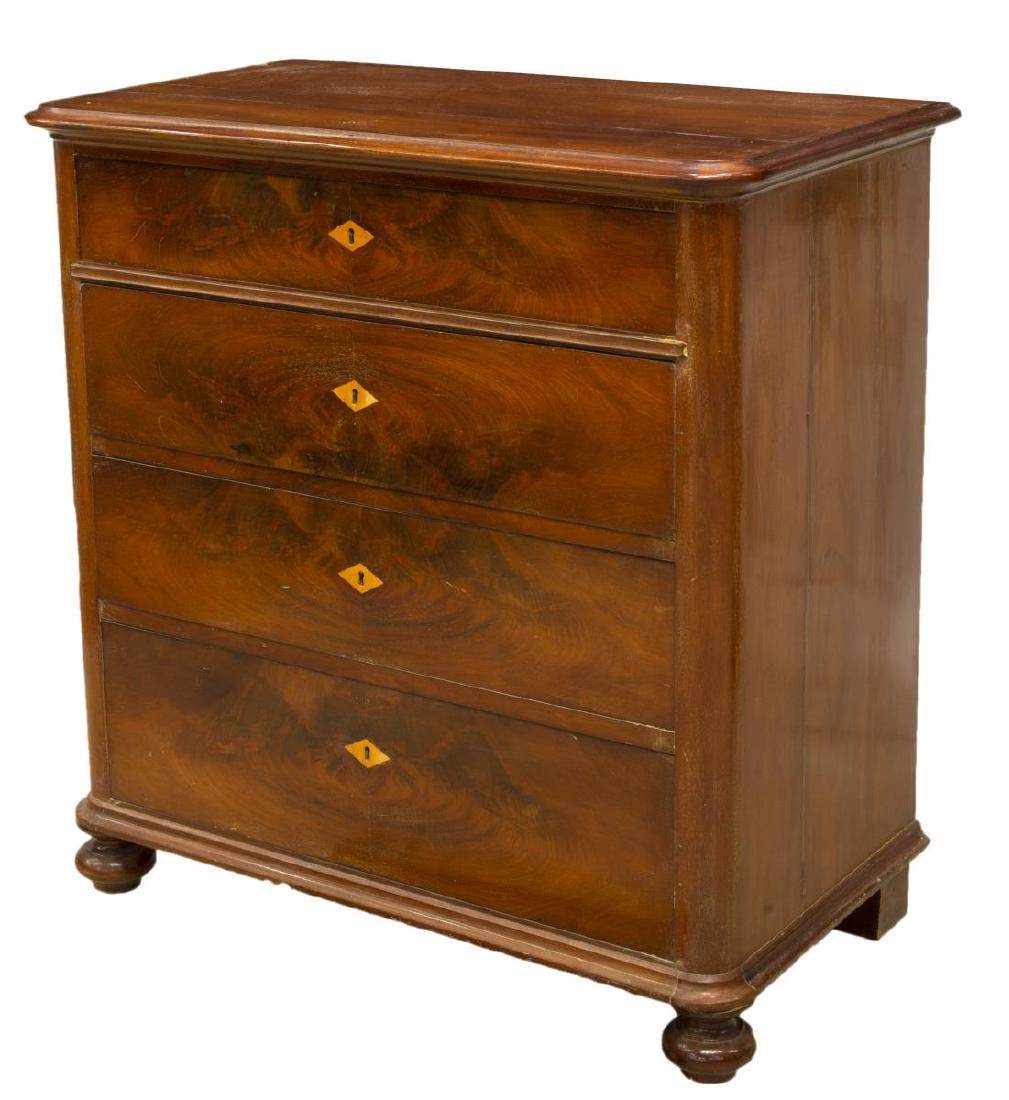 CONTINENTAL MAHOGANY FOUR-DRAWER COMMODE: Continental mahogany commode, late 19th c., fitted with four drawers, contrasting diamond-form escutcheons, rising on bun feet, filled splits to boards, approx 37.25"h, 36.25"w, 19.75"d Start Price: $