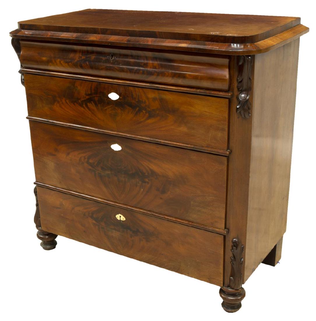 CONTINENTAL BIEDERMEIER STYLE MAHOGANY COMMODE: Continental Biedermeier style mahogany commode, late 19th c., rectangular top with molded edge, canted corner posts with foliate carving, top ogee drawer, over three additional drawers, with matched f