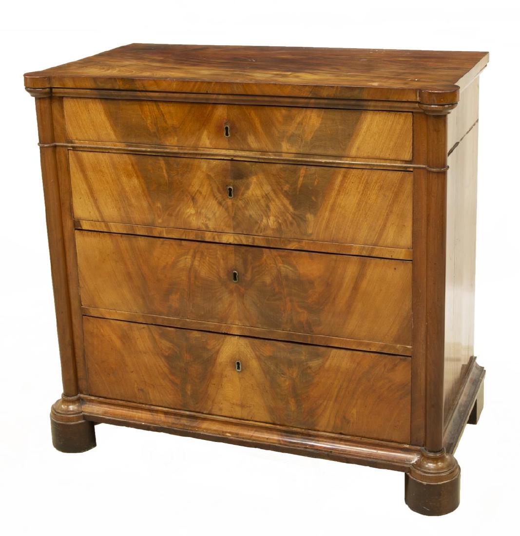 CONTINENTAL BIEDERMEIER STYLE FIGURED COMMODE: Continental Biedermeier style figured commode, late 19th c., fitted with four drawers, flanked by rounded columnar corner posts, over conforming base, split to right side panel, small losses to veneer
