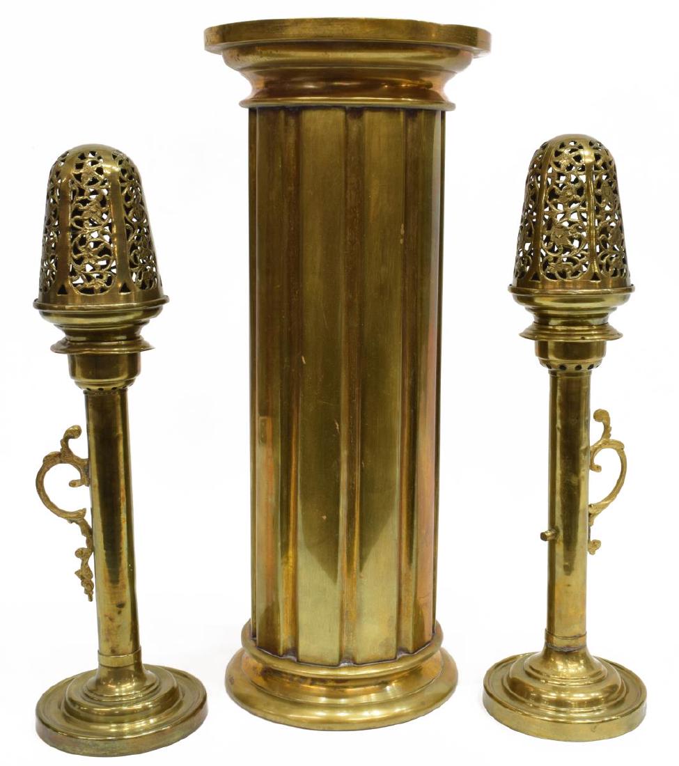 (3) BRASS UMBRELLA STAND & SPRING CANDLESTICKS: (lot of 3) Brass items, comprising: (1) pedestal-form umbrella stand, and (2) Brass spring loaded candlesticks, likely Russian, having a pierced floral top and rising on a stepped circular base, one w