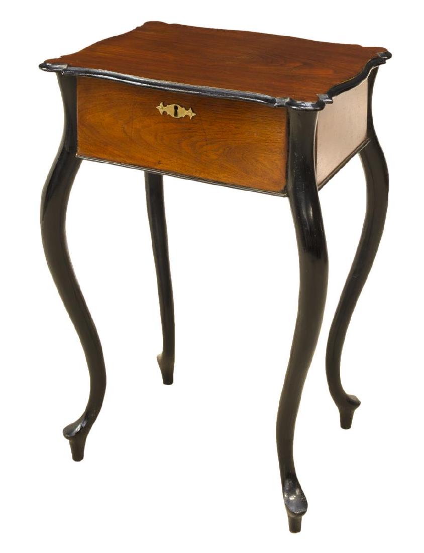 CONTINENTAL MAHOGANY HINGED-TOP SEWING TABLE: Continental mahogany sewing table, 19th c., having hinged top opening to interior fitted with three compartments, accented by ebonized edges, rising on matching cabriole legs, lacking two interior com