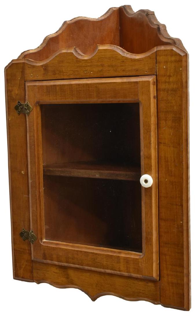 VINTAGE OAK HANGING CORNER CABINET: Vintage oak hanging corner cabinet, comprised of center door with glass window, fitted with one interior shelf, 25.5"h, 17"w, 13"d, 15lbs total Start Price: $50.00