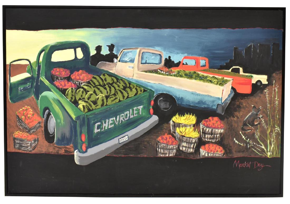 COLLABORATIVE FOLK ART STYLE TRUCK PAINTING: Framed oil painting on board, "Market Day", signed and titled lower right David Powell, Ronald O. Botana, and J. Rule, approx sight: 48"h, 72"w, overall: 49.5"h, 73.5"w, 29.5lbs Start Price: $150.00