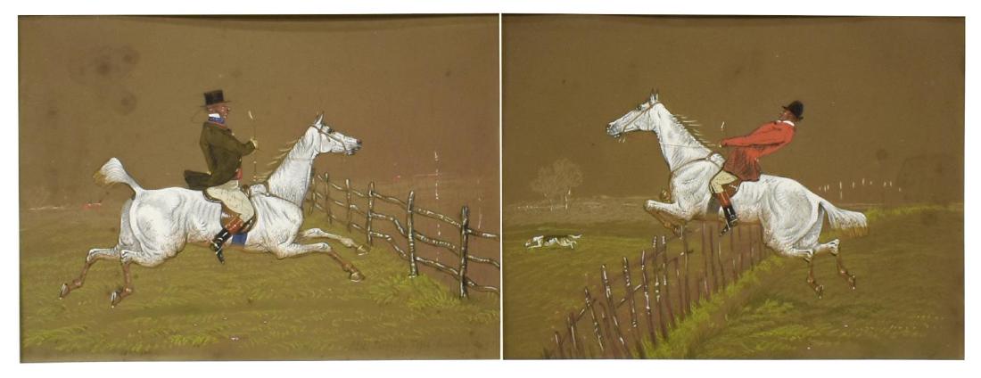 (2) PAUL DESMOND BROWN (ATTRIB) EQUESTRIAN SCENES: (lot of 2) Framed pastel and gouache drawings on paper, unsigned, attributed to Paul Desmond Brown (United States, 1893-1953), including: (1) "Old Turnip Tops Having a Go," titled lower right, water d