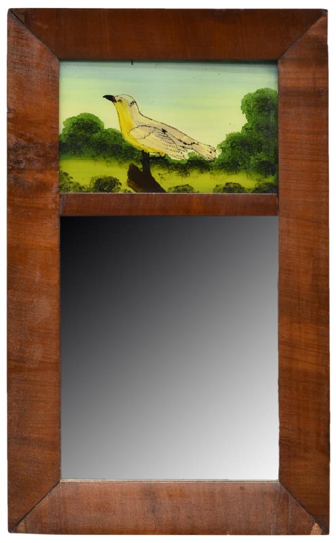 AMERICAN REVERSE PAINTED GLASS WALL MIRROR: American wall mirror, mid to late 19th c., upper reverse painted glass pane with yellow-breasted bird, over flat mirror plate, veneer loss to frame, approx 19.5"h, 11.75"w, 3lbs **Provenance- From the