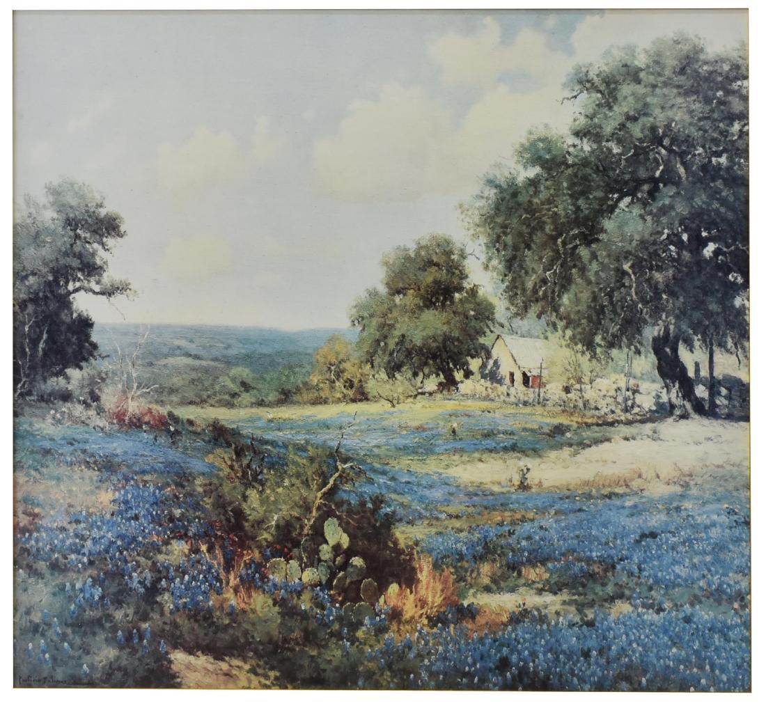 FRAMED BLUEBONNET PRINT AFTER PORFIRIO SALINAS: Framed print on paper, Field of Bluebonnets, after the original by Porfirio Salinas (Texas, 1910-1973), sight: approx 24.75"h, 28.25"w, overall: approx 35.75"h, 39.25"w, 16lbs Start Price: $80.00