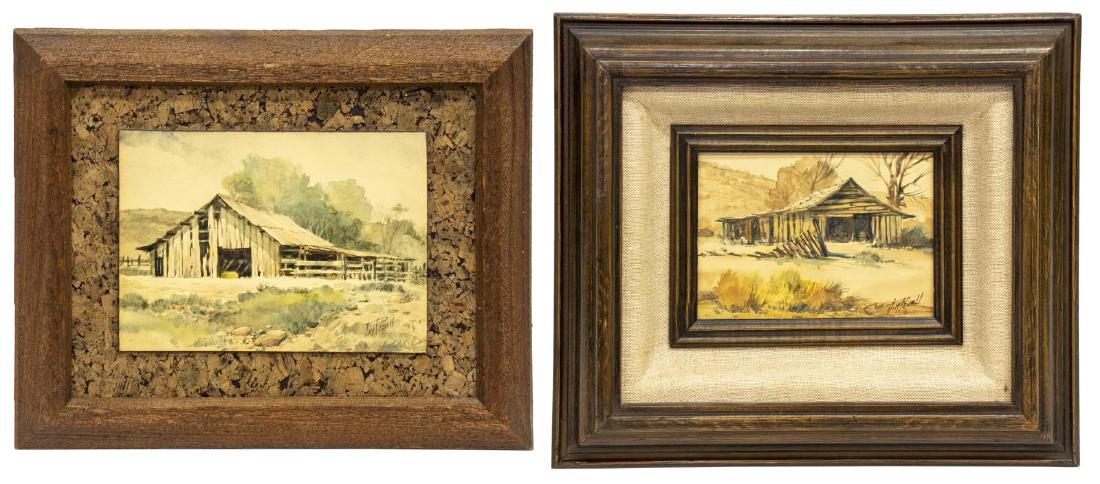 (2) JIM POWELL (TX, 20TH C.) WESTERN WATERCOLORS: (lot of 2) Framed watercolor paintings on paper board, Rustic Barns, signed lower right Jim Powell (Texas, 20th c.), largest: sight: approx 4.5"h, 6.5"w, overall: approx 12.5"h, 14.5"w; 3lbs total **P