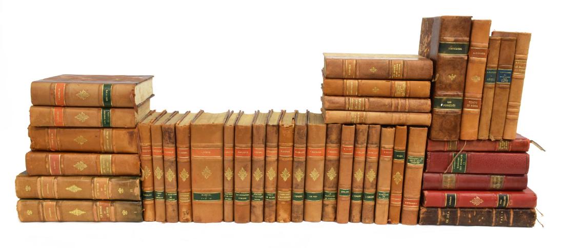 39)CONTINENTAL LIBRARY SHELF BOOKS, LEATHER & MORE: (39) CONTINENTAL LIBRARY SHELF BOOKS (lot of 39) Continental library shelf books, 20th c., some with gilt embossed covers and spines, marbleized boards and leather binding, some with slight loss to sp