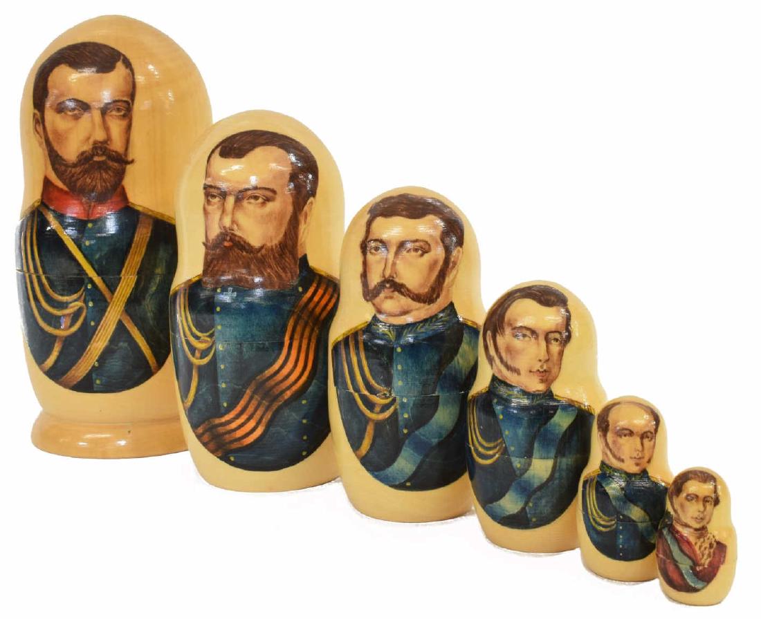 RUSSIAN WOOD NESTING DOLLS OF CZARS TSARS: Russian wood nesting dolls, depicting six Russian czars/ tsars, including: Nicholas II, Alexander the III of the Romanov dynasty, each marked at the back and bottom in Cyrillic writing, approx tallest