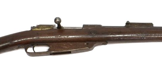 ANTIQUE GERMAN GEWEHR MODEL 1888 RIFLE: German Gewehr Model 1888 rifle, Spandau Imperial Arsenal, bolt action, 7.92 mm, 29" barrel, adjustable rear sight, two barrel bands, barrel shank dated 1895, lacks one barrel band and bold stop, old b