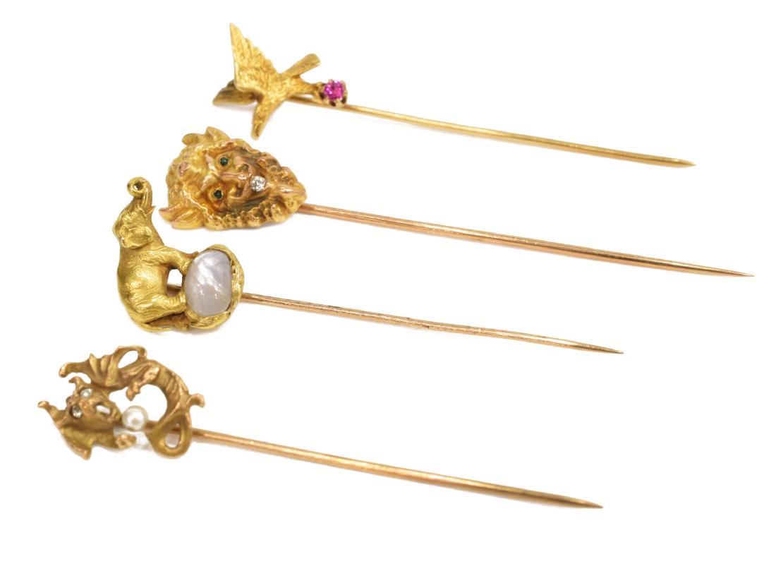 (4) ESTATE 14KT GOLD GEMSET FIGURAL STICK PINS (1 of 5)