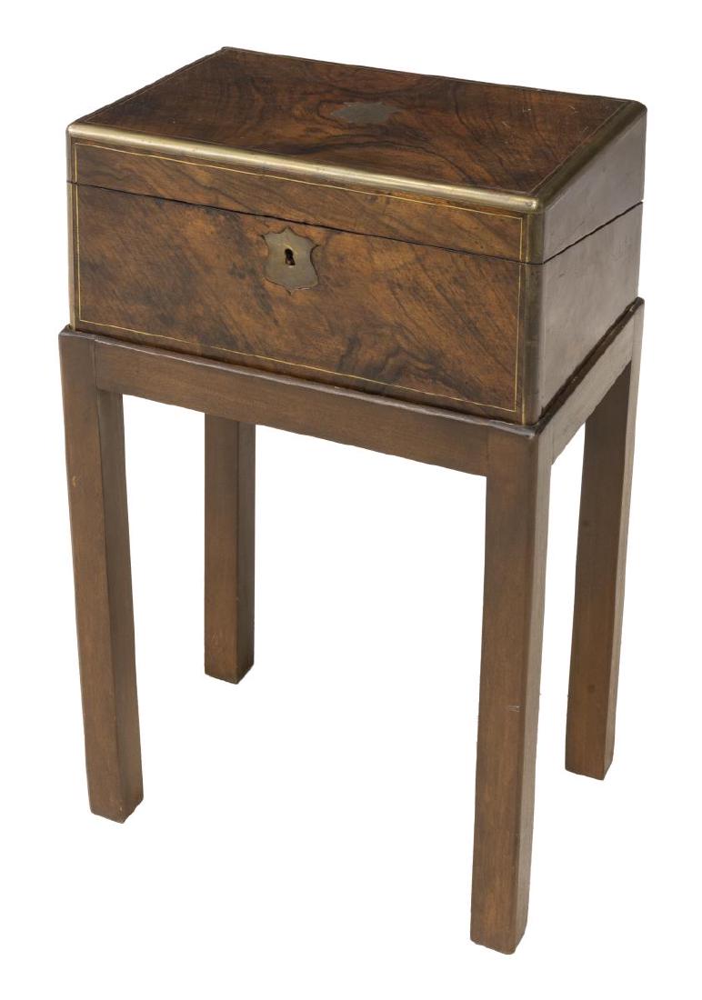 ENGLISH BRASS INLAY FIGURED LAP DESK ON STAND (1 of 5)