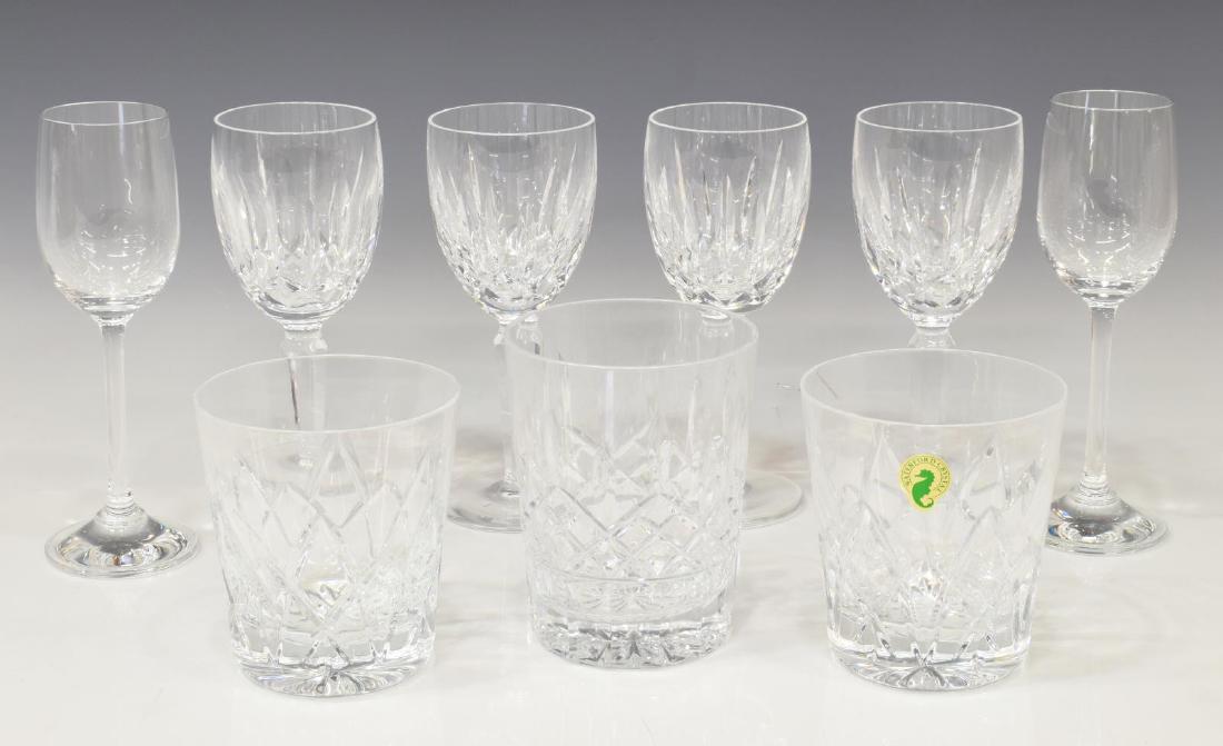 (9) COLLECTION WATERFORD CRYSTAL & GLASS STEMWARE: (lot of 9) Collection of Waterford blown glass and crystal stemware, comprising: (1) "Lismore" old fashioned tumbler, retaining retail sticker, 4.5"h, 3.5"diam; (2) "Kildare" claret wine glasses, 6.5"