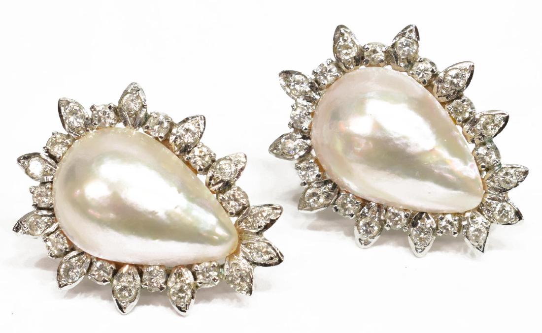 LADIES WHITE METAL MABE PEARL & DIAMOND EARRINGS (1 of 3)