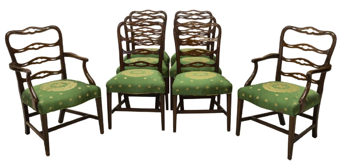(8) ENGLISH GEORGE III STYLE MAHOGANY CHAIRS: (lot of 8) English George III style mahogany chairs, 20th c., having pierced ladder back, over upholstered seat with serpentine front, molded tapered legs, joined by stretchers, including: (2) armchai