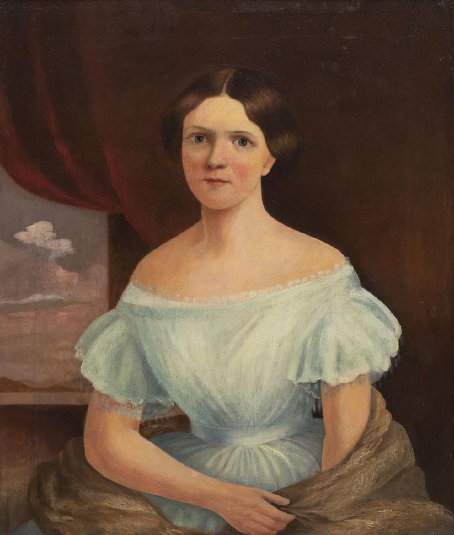 AMERICAN SCHOOL OIL ON CANVAS PORTRAIT OF A WOMAN: Framed American School oil on canvas painting, Portrait of a Woman, depicted in light blue dress with a shawl wrapped around her arms, posed seated in front of a window, sight: approx 29"h, 24"w, over