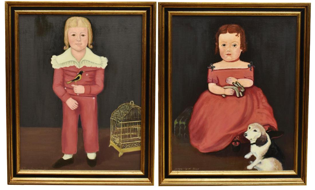 (2) AMERICAN FOLK ART PORTRAIT PAINTINGS (1 of 6)