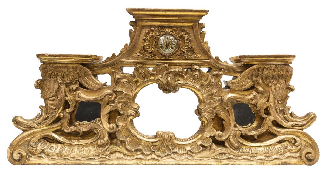 LARGE FRENCH ROCAILLE GILT CASED CLOCK, 49"L (1 of 5)