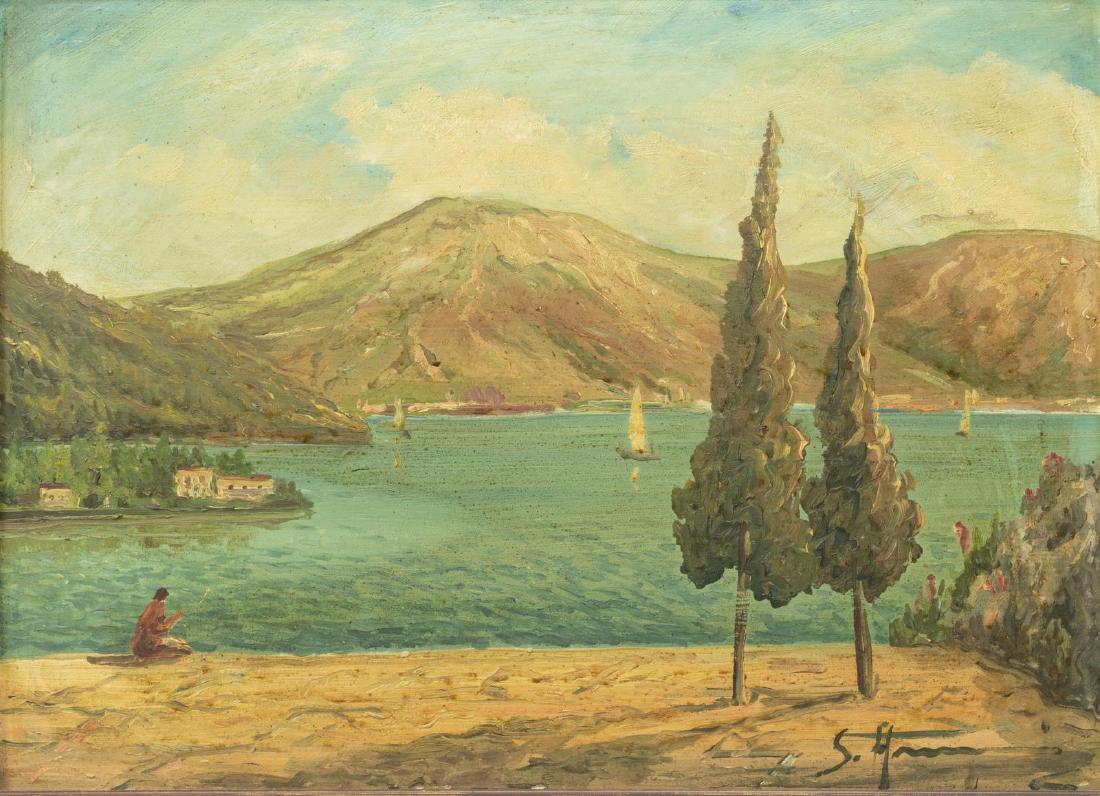 (2) FRAMED OIL PAINTINGS, SHORELINE WITH BOATS (1 of 5)