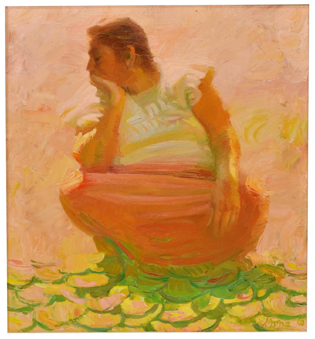 JOHN R. ASARO (CAL., B.1937) PORTRAIT OF A WOMAN: Framed oil painting on canvas, Contemplation, signed lower right John Asaro (John R. Asaro, California, b.1937), sight: 25.5"h, 23.5"w, overall: 34.5"h, 32.25"w, 11lbs Start Price: $200.00