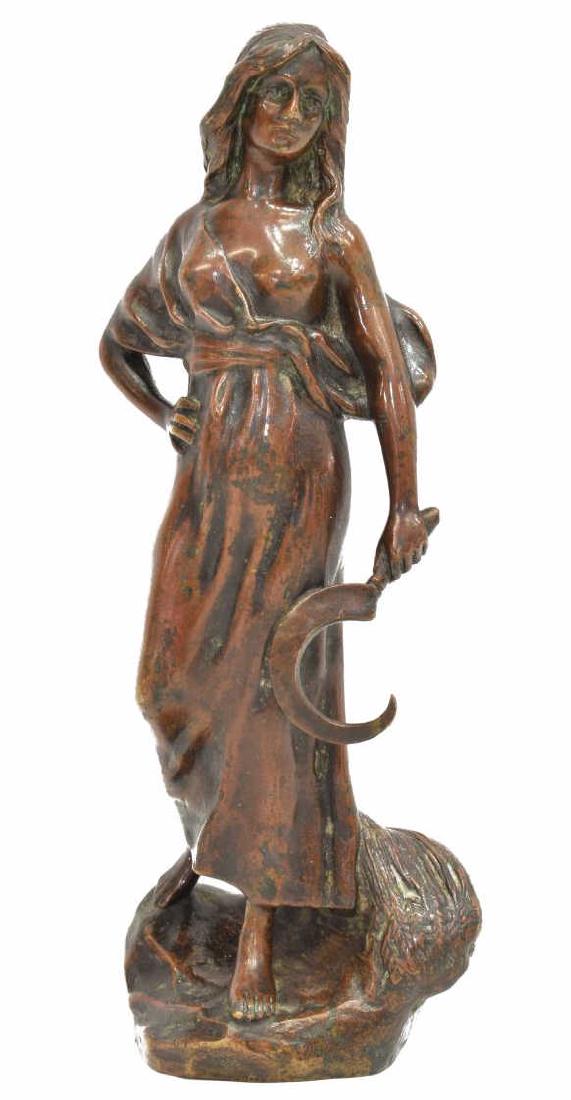 CAST COPPER FINISH BRONZE WOMAN HOLDING SCYTHE: Cast bronze figure, in a copper finish, depicting a standing woman holding a scythe, signed in cast E. Wein or Weir (?), approx 7.5"h, 3"w, 2.25"d, 1.25lbs Start Price: $60.00