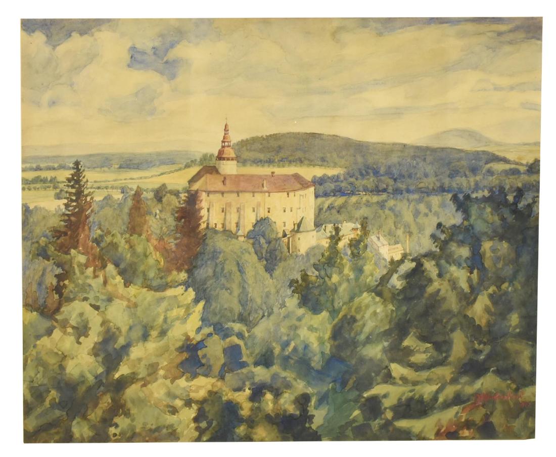 CONTINENTAL CASTLE LANDSCAPE WATERCOLOR, SIGNED (1 of 4)