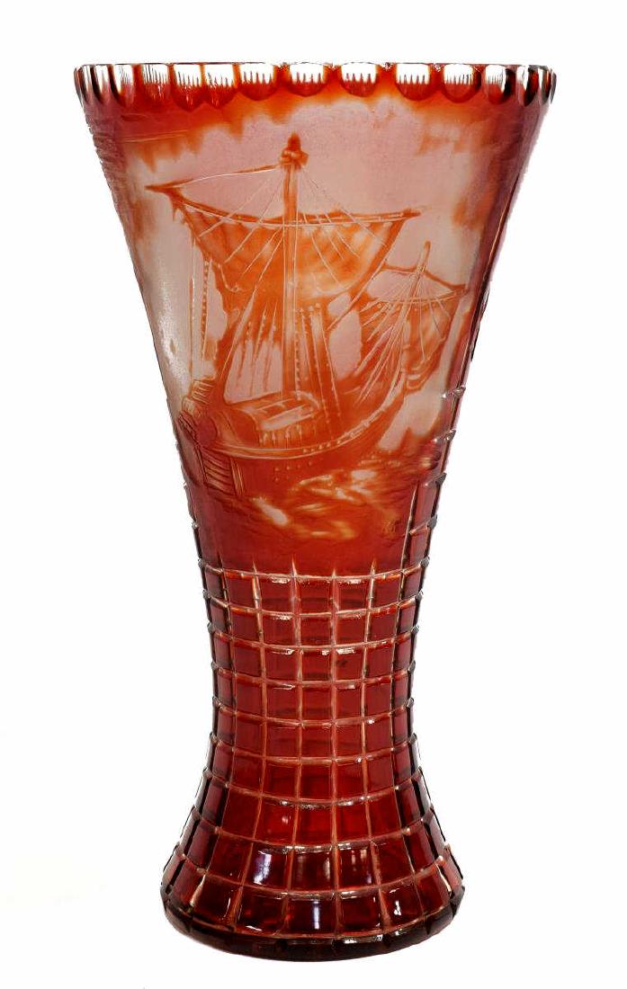 RUBY CUT TO CLEAR CRYSTAL VASE W/ FLOWERS & SHIP (1 of 3)