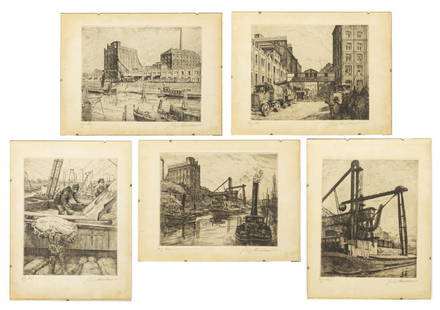 (5) RICHARD MULLER (1874-1954) HARBOUR ETCHINGS: (lot of 5) Framed etchings on paper, showing various views around Mannheim Harbour, signed lower right Richard Muller (Austria, Germany, 1874-1954), toning to sheets, approx 11.75"h, 15.75"w; 11lbs to