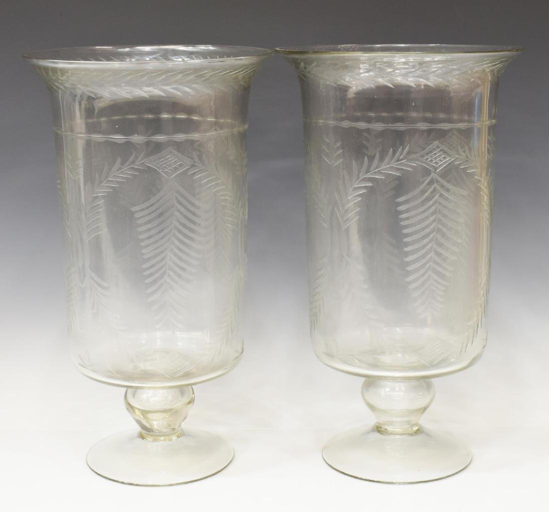(2) COLORLESS ETCHED GLASS HURRICANE CANDLE LAMPS (1 of 2)