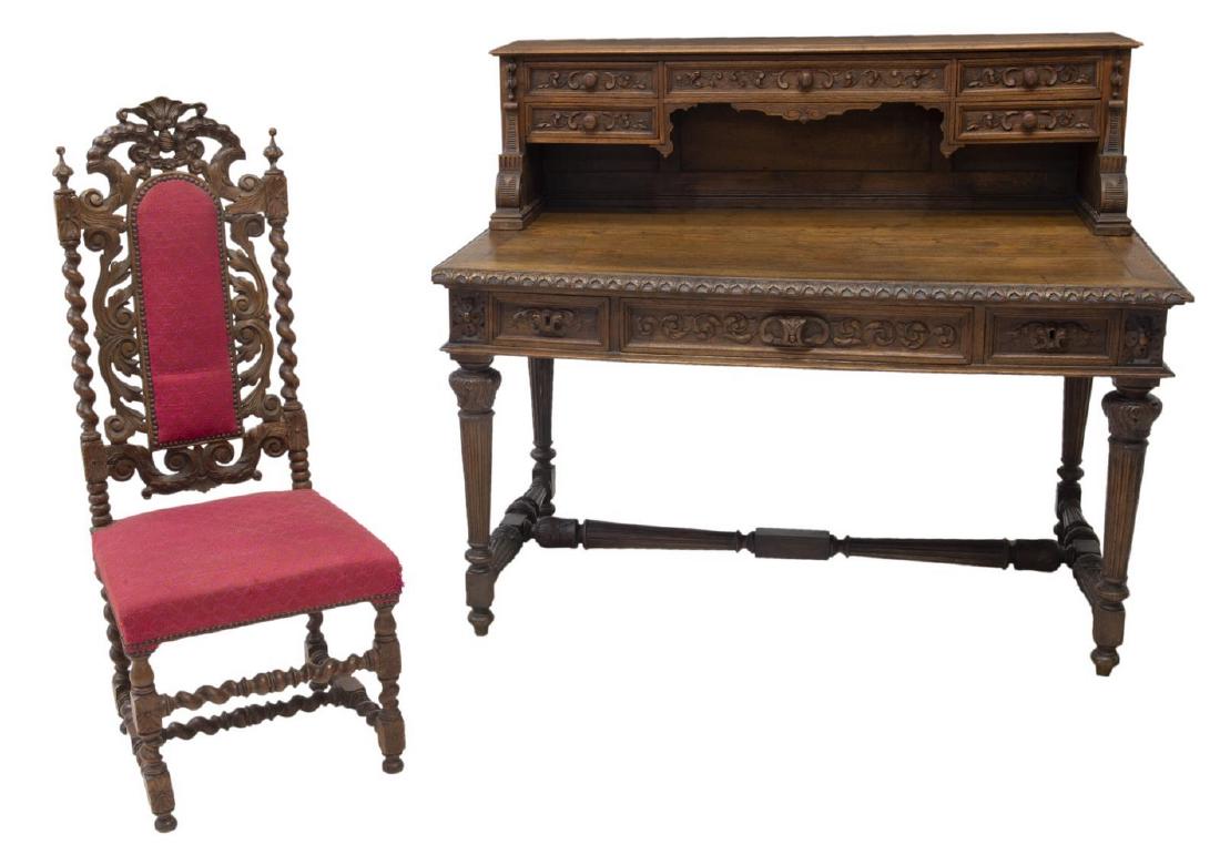 (2) FRENCH HENRI II STYLE ORNATE OAK DESK & CHAIR (1 of 6)