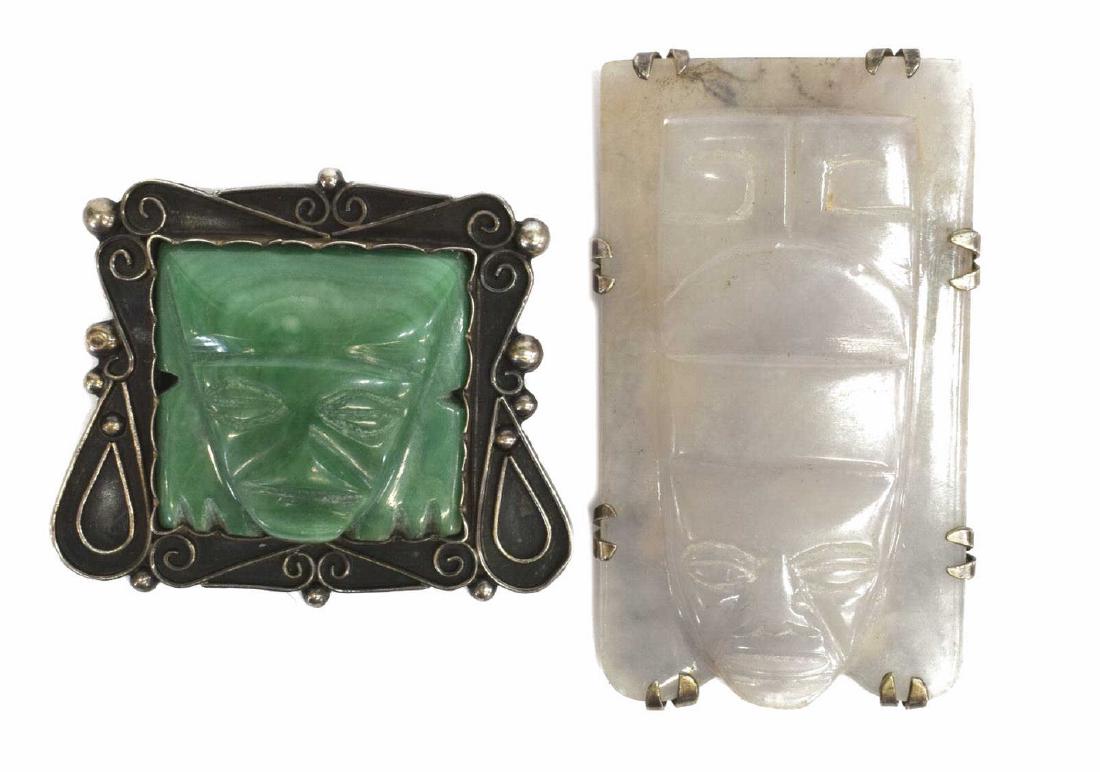 (2) MEXICO SILVER & STONE MAYAN STYLE MASK BROOCH (1 of 4)