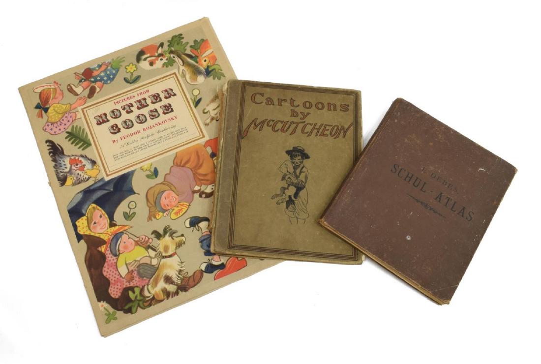 3) McCUTCHEON CARTOONS, MOTHER GOOSE, GERMAN ATLAS: (lot of 3: Books: (1) "Cartoons by McCutcheon, a Selection of One Hundred Drawings" John T. McCutcheon (1870-1949), McClurg Co., Chicago, 1903, book interior in good condition, cover in poor condition