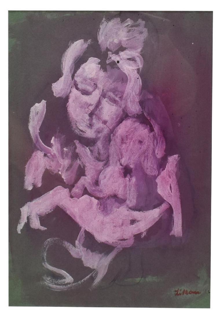 GUSTAV LIKAN (1912-1998) 'WOMAN WITH DOG': Framed mixed media painting on paper, "Woman with Dog," signed lower right Likan (Gustav Likan, Texas, Illinois, Germany, 1912-1998), Austin Galleries label with title verso, sight: approx 10.5"h, 7"w