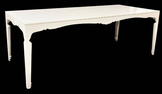 ITALIAN MODERN ZANOTTA LACQUERED CONSOLE TABLE: Italian modern wood console table, 20th c., attributed to Noe Duchaufour-Lawrance (France, b.1975) for Zanotta, in a white lacquer finish, the rectangular top over a shaped apron, rising on square leg