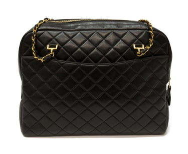 Vintage Chanel Quilted Black Leather Zip Tote Bag