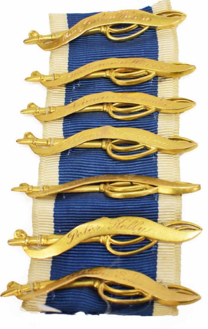 DAUGHTERS AMERICAN REVOLUTION (DAR) ANCESTOR BARS: Daughters of the American Revolution (DAR) ribbon, with (seven) gold ancestor bars testing at 14kt, names include: Major Joshua Wynne, Williamson Wynne, Ninian Magruder, Thomas Anderson, Sergeant Will