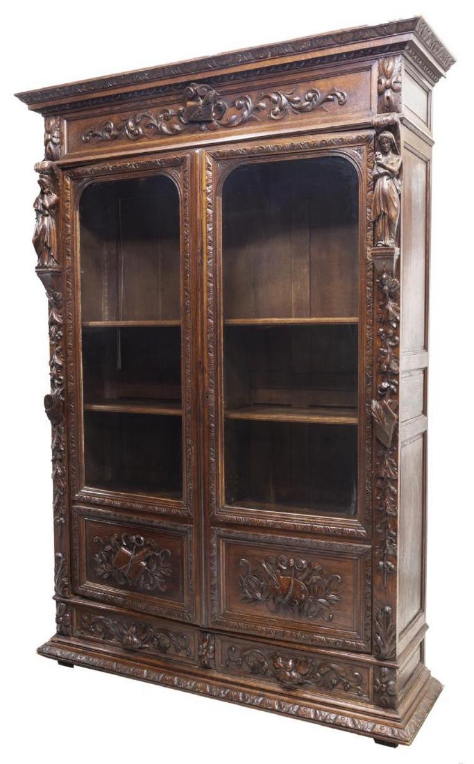 FRENCH VISUAL & LITERARY ARTS CARVED OAK BOOKCASE (1 of 7)