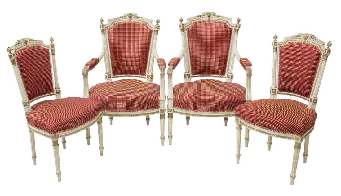 (4) FRENCH LOUIS XVI STYLE SEATING GROUP / CHAIRS: (lot of 4) French Louis XVI style chairs, 20th c., painted frames, with cabochon cartouche crest, foliated finials, fluted stiles, padded back and seat, rising on tapering fluted legs, including: (2)