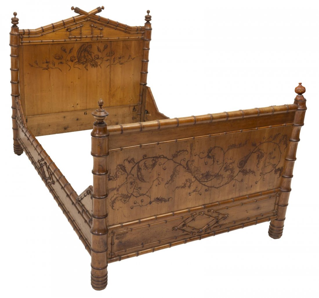 FRENCH AESTHETIC PYROGRAPHY PINE & FAUX BAMBOO BED (1 of 4)