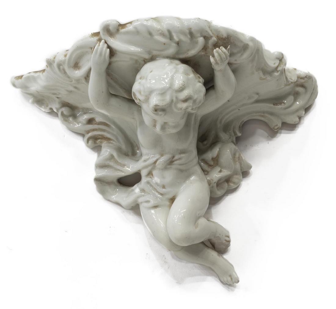 ITALIAN GLAZED FAIENCE CHERUB PUTTO WALL BRACKET (1 of 2)
